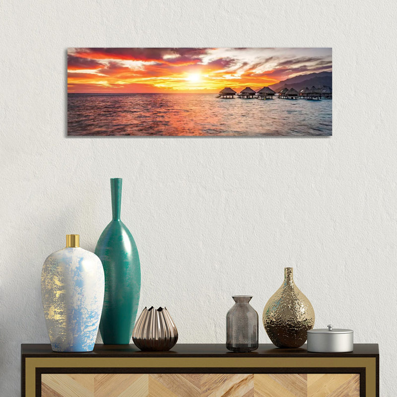 Overwater Bungalows At Sunset, Bora Bora Atoll 1 Piece Wrapped Canvas Panoramic Wall Art