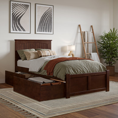 Nantucket Twin XL Solid Wood Platform Bed with Footboard & Storage Drawers in Walnut