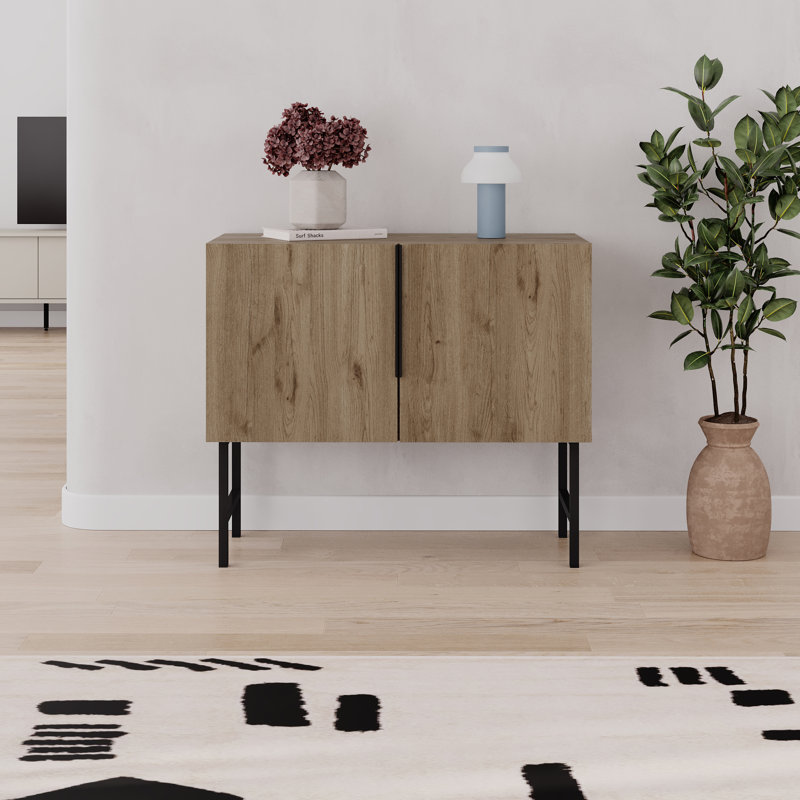  Modern Console Cabinet With Black Metal Legs, Living Room, Natural Oak