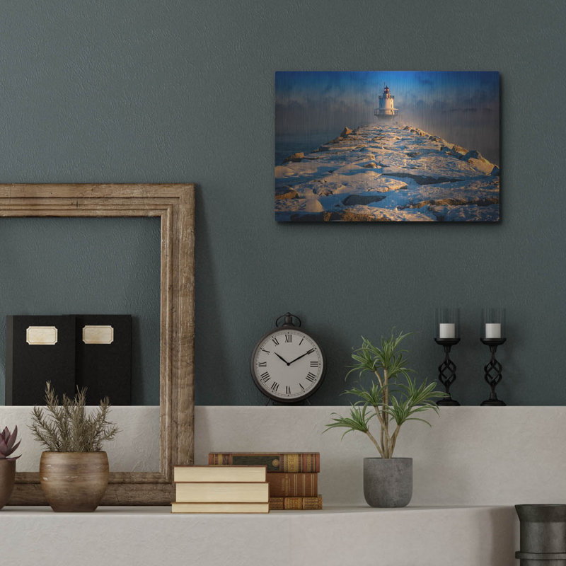 «Winter Morning At Spring Pt Ledge Lighthouse» par Rick Berk, mur en métal, H 12 po x l 16 po