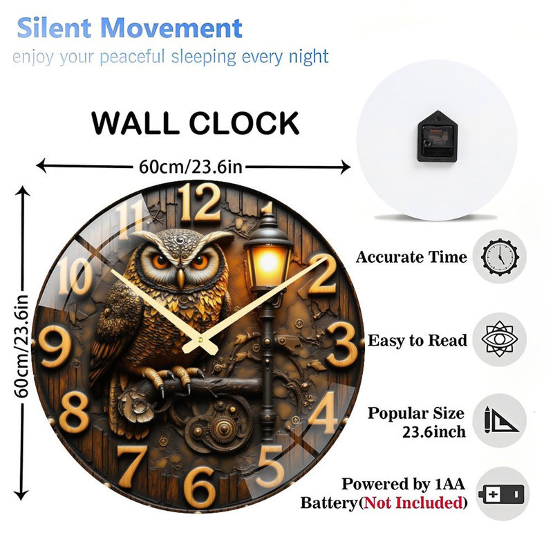 Horloge murale hibou - art mural 24 po