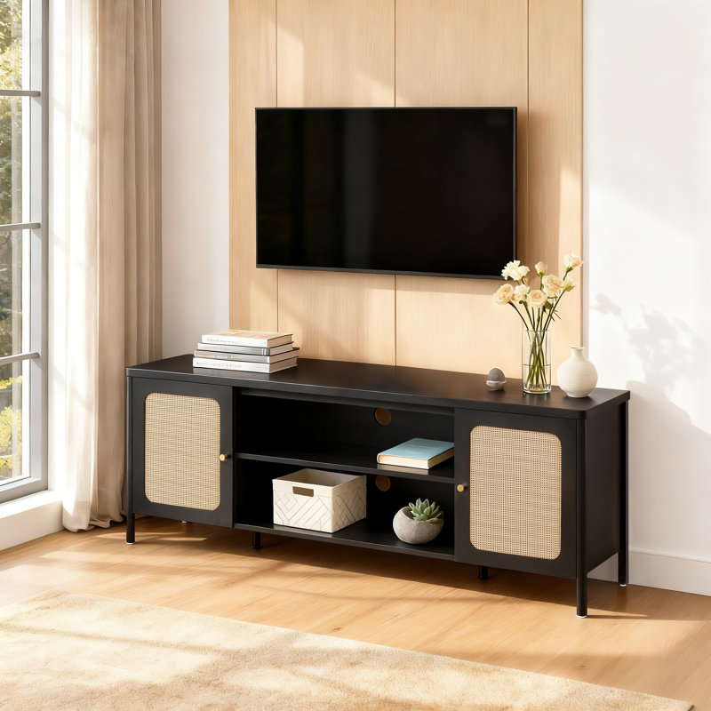  Meuble télé avec portes en rotin et rangement ouvert pour téléviseurs de 70 po ou moins Boho , Noir