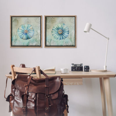  Vintage Blue Sea Urchins 2 PC Framed Floater Canvas Set by Andrea Haase