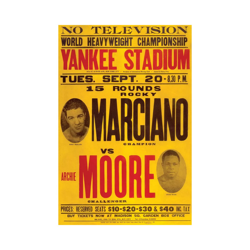 Marciano contre Moore - publicité imprimée, Aucun mat, Toile tendue, H 12 po x l 8 po x P 0,75 po