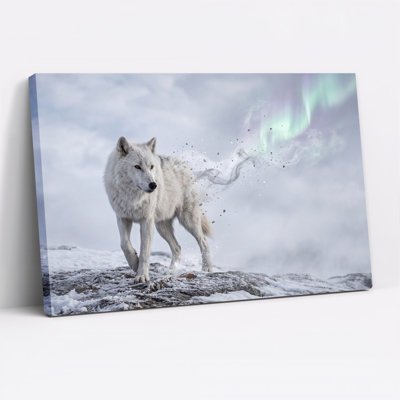 Art mural sur toile avec loup blanc dans un paysage enneigé avec aurores boréales