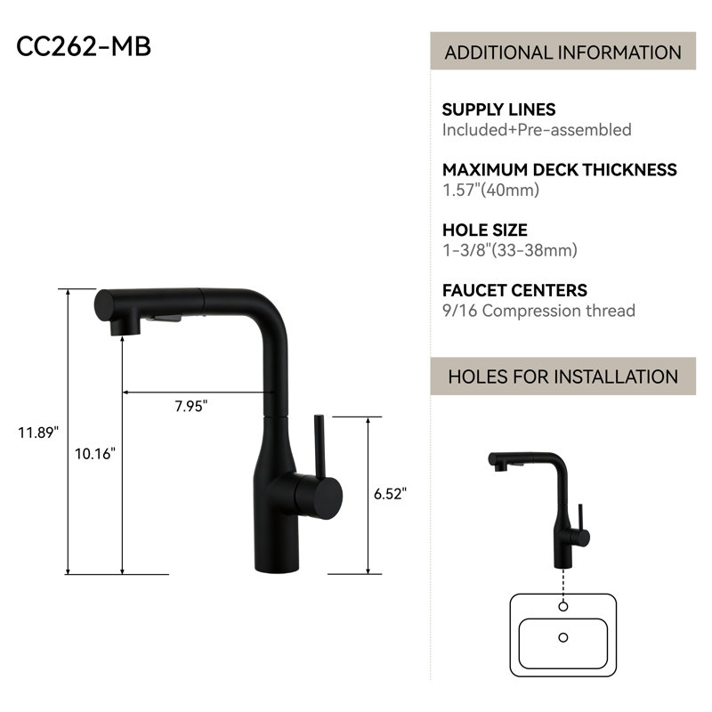 Saree 11.89"H High Arc One-Handle Pull-Out Classic Kitchen Faucet,Matte Black, Matte Black