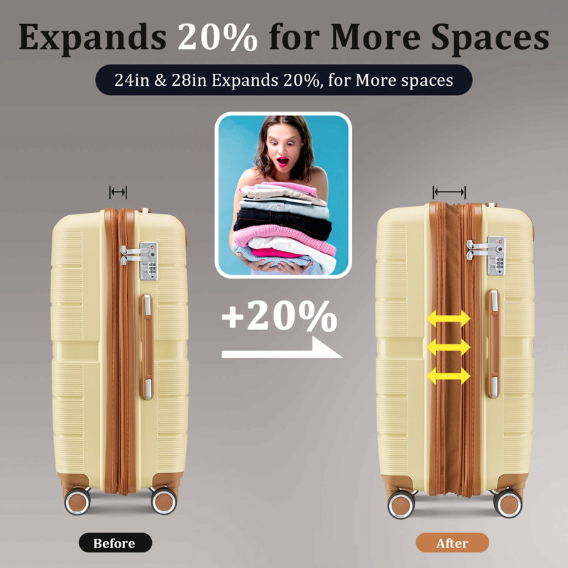 Ensembles de valises 4 pièces (14/20/24/28) Valise extensible légère et durable en PP, Apricot Cream