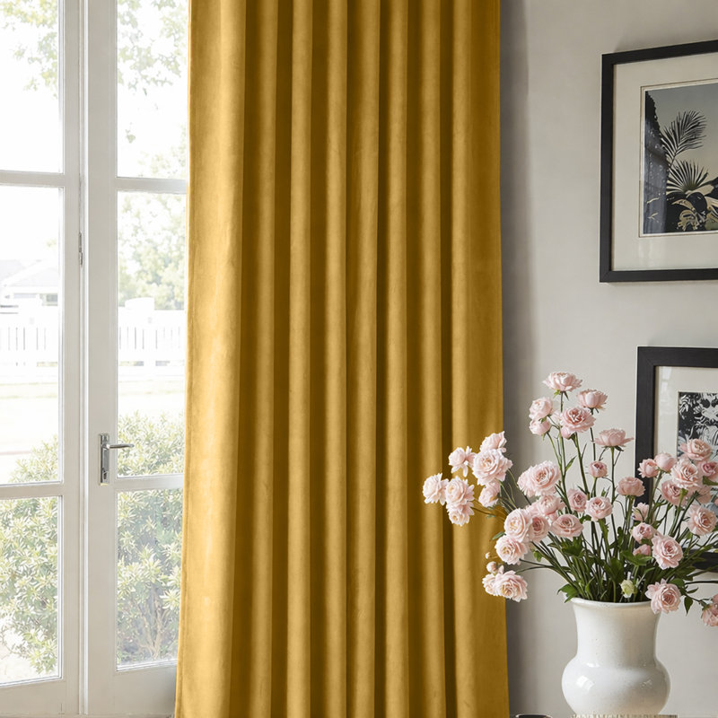 Alsey 100% Velvet Blackout Eyelet Ready Made Curtains & Drapes with matching Tie Backs, (117 Width X 137 Height) cm, Ochre