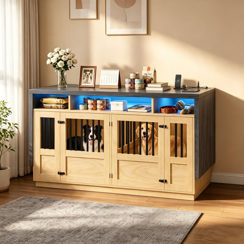 Meuble de cage pour chien de 180 cm avec séparateur et prise électrique, Brown