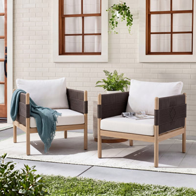 Chaises club d'extérieur en acacia (ensemble de 2) avec corde noire à motif de losanges, finition teck clair