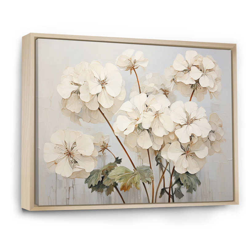 Minéralisme beige géraniums IV - imprimé, Cadre naturel flottant, H 16 po x l 32 po x P 1 po