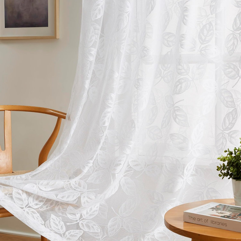 Secily Lace Sheer Curtain Pair, White, 54" W x 63" L