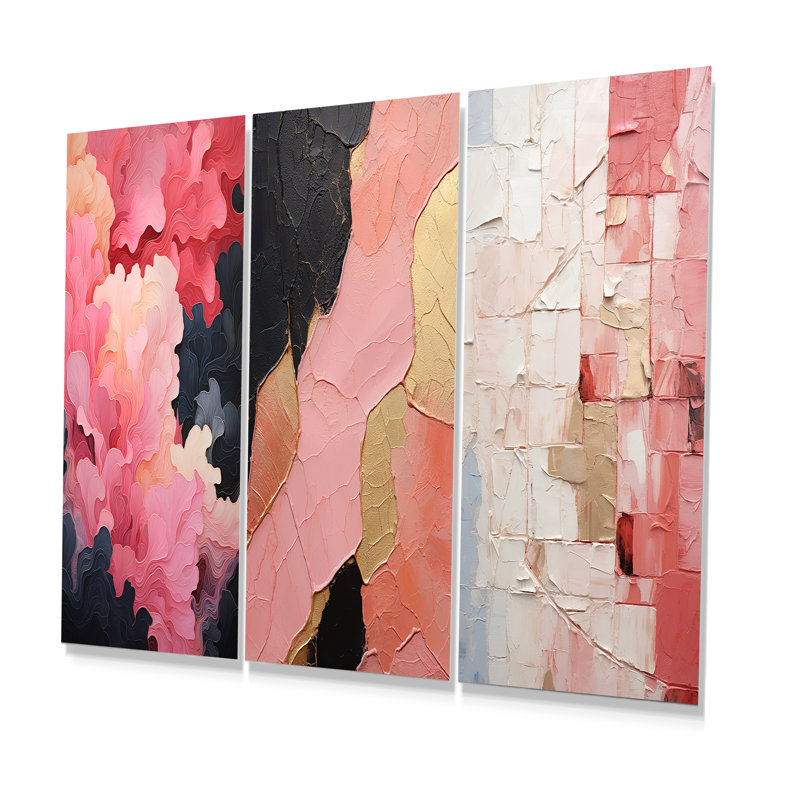 Minimalisme, poteries roses - ensemble abstrait d'art mural en métal de 3, H 28 po x l 36 po