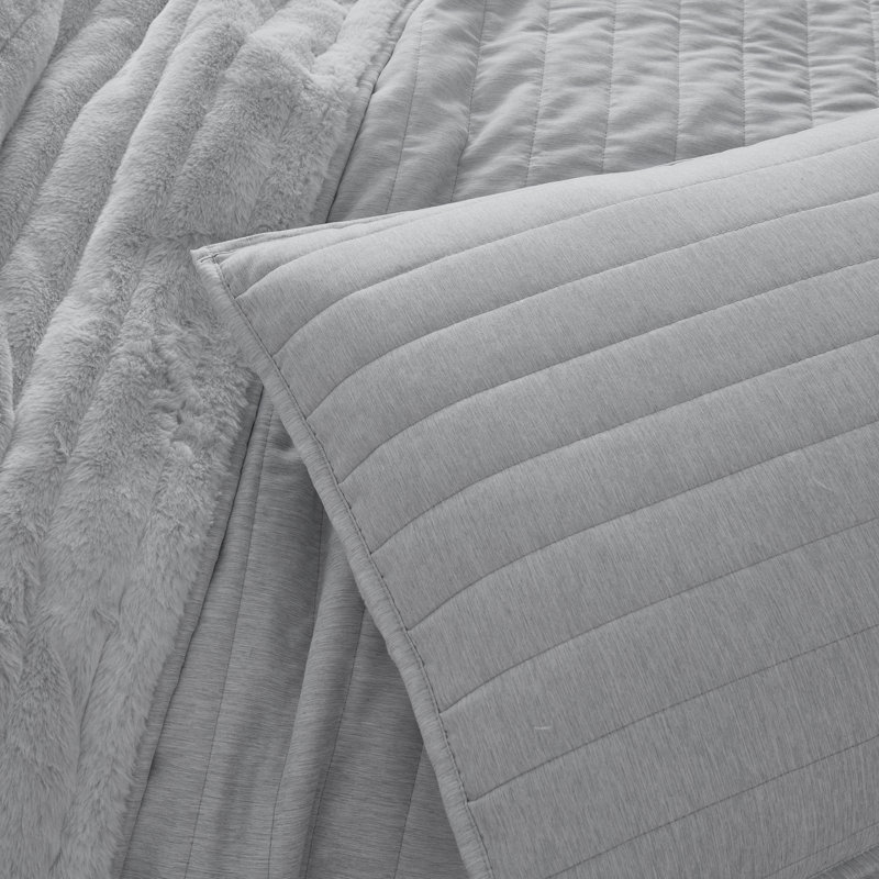 Hedberg Gray Microfiber 3 Piece Quilt Set, Queen Quilt + 2 Standard Shams