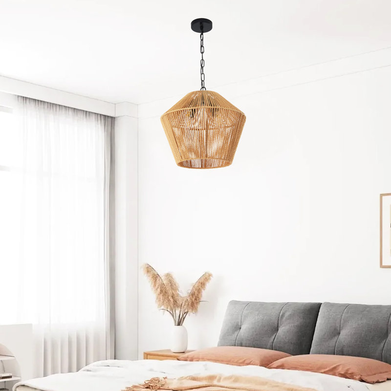 Luminaire suspendu en corde de chanvre de 17 po - suspendu artisanal pour îlot de cuisine, salle à manger, finition naturelle de chambre à coucher, fer à hauteur réglable et lampe décorative tissée à la main