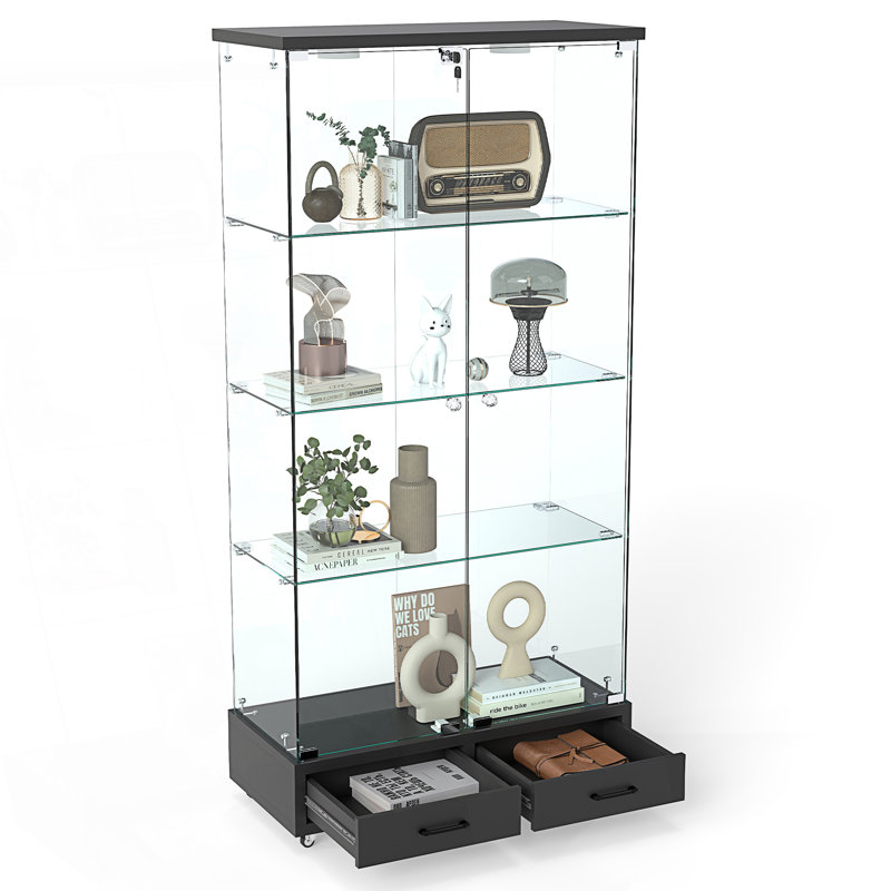 Vitrine moderne en verre avec 2 grands tiroirs, Noir