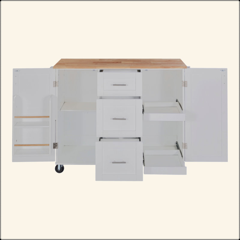Rolling Kitchen Island With Storage, Kitchen Cart With Rubber Wood Top, 3 Drawer, 2 Slide-Out Shelf And Internal Storage Rack, Kitchen Island On Wheels With Spice Rack & Tower Rack, White