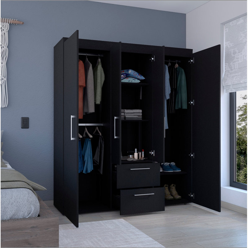 Armoire Bariloche, rangement multi-sections avec tringles de suspension, tablettes et 2 tiroirs