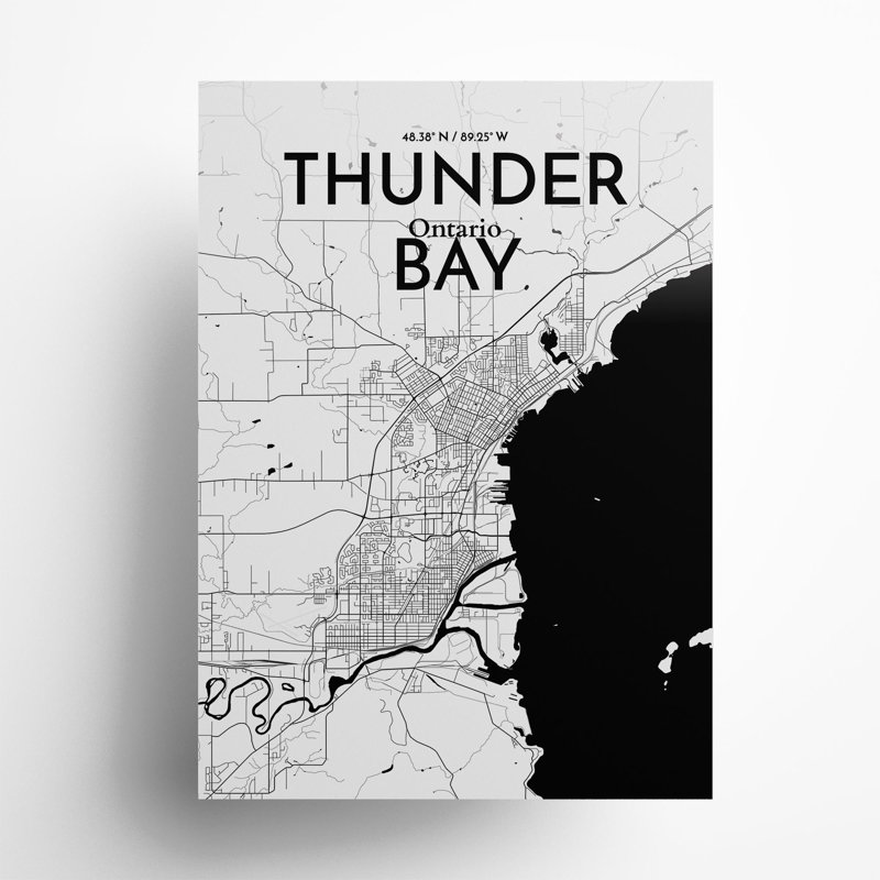 Thunder Bay City Map, impression, Noir et blanc, H 27,6 po x l 19,7 po