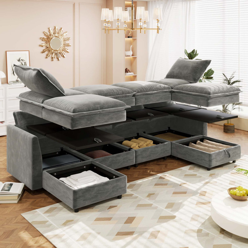 6-Piece Modular Sofa Bed With Storage, Gray Polyester
