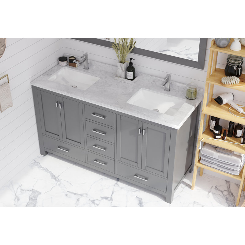 Ensemble de meuble-lavabo double 60 po Mariário, Marbre de Carrare blanc, Gris
