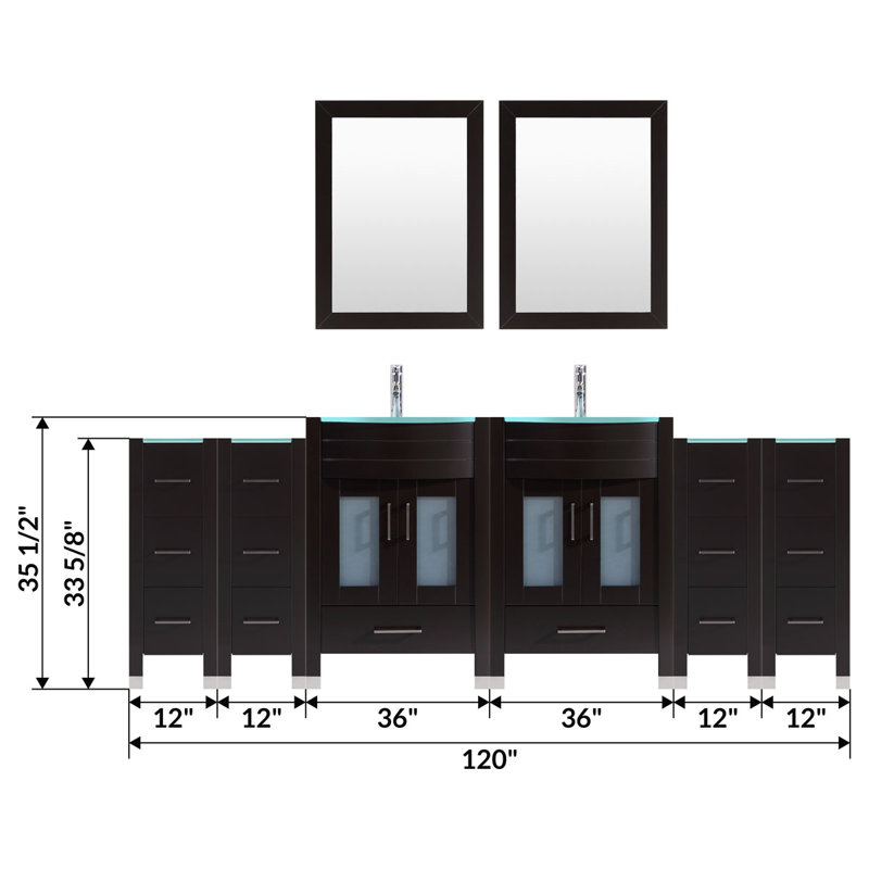Marguez 120 " W Freestanding Standard Free Standing Single Double With Glass Top with Mirror, Black