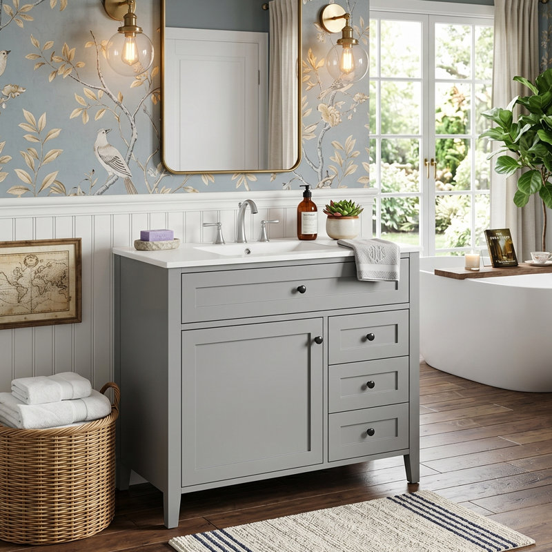 Meuble-lavabo moderne 36 po avec lavabo en céramique, armoire de rangement en bois d'hévéa massif avec tiroir basculant (noir / blanc / gris / vert)