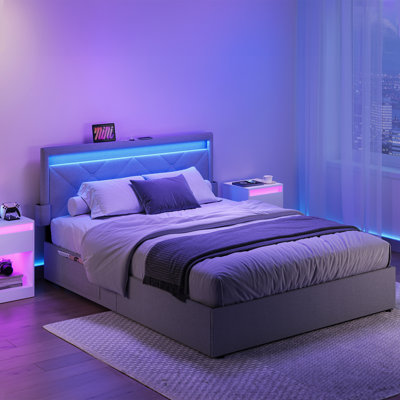Bed with Adjustable Upholstered Headboard and 4 Drawers, 1 USB Port and 1 Type C Port
