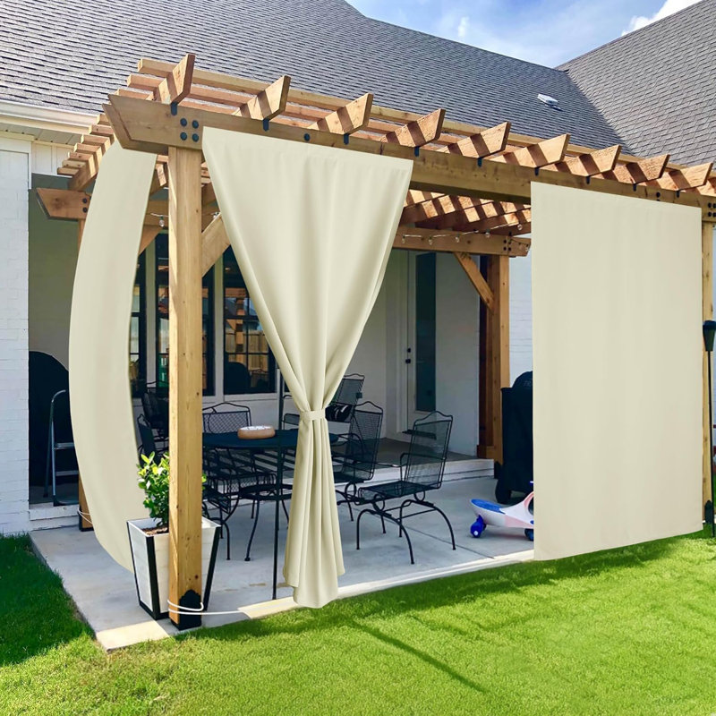 2 Panels Rod-Free Outdoor Curtains for Patio Waterproof, Sticky Top & Back Tab Bottom with Free Rope for Wind Resistance, Weatherproof Drapes for Gazebo/Porch
