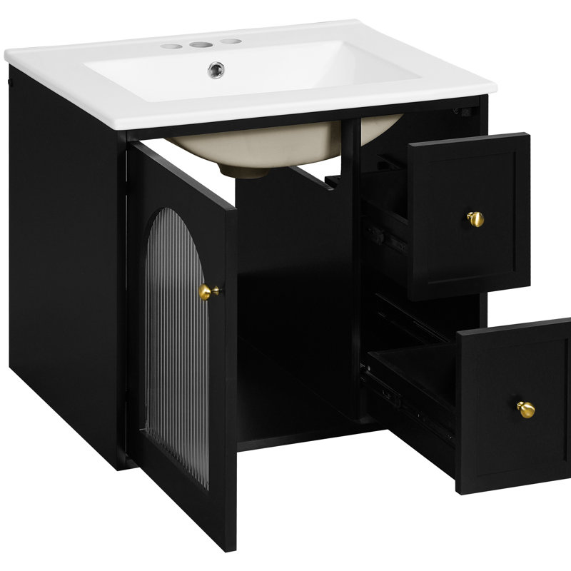 Meuble-lavabo de 24 po pour les petites salles de bain, installation murale, lavabo en céramique, tiroirs de rangement intelligents, assemblage facile, décor contemporain, salles de bain à débordement limité, conception simple et organisée