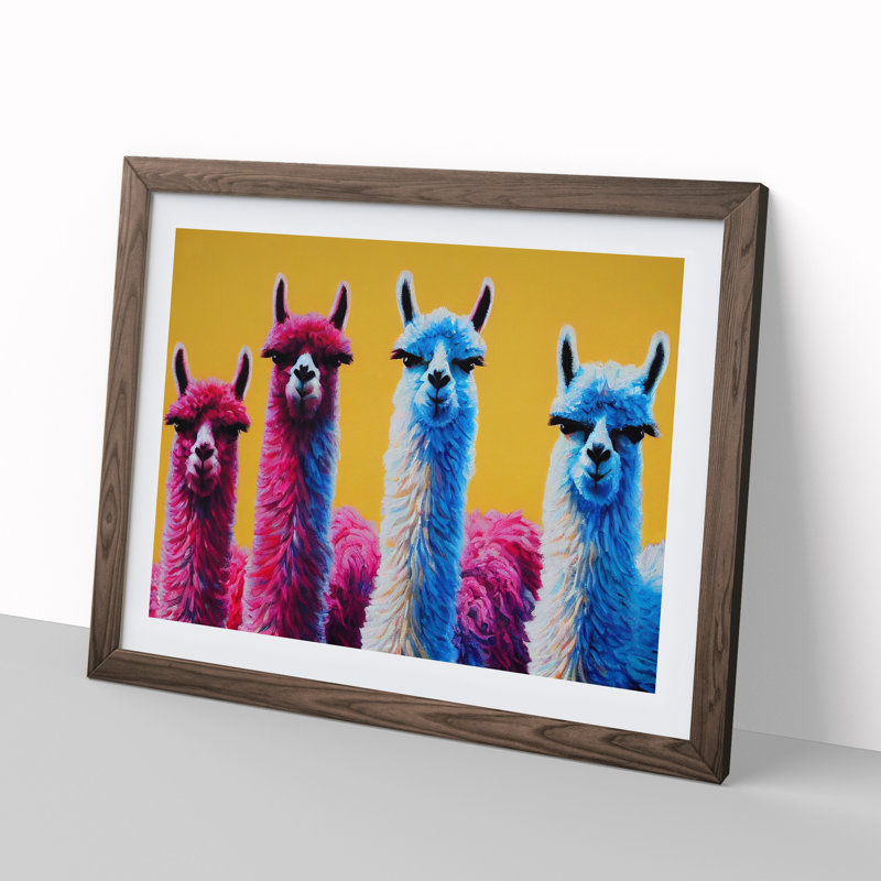 Enviable Llamas - Single Picture Frame Painting, 46cm H x 64cm W x 2cm D, Walnut