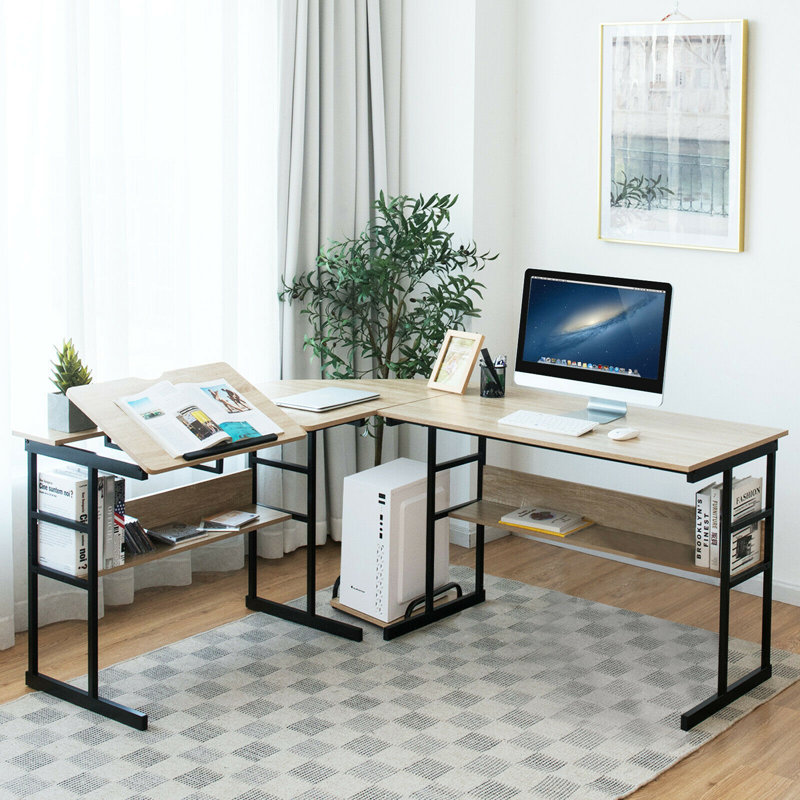 Doireann L-Shaped Metal Base Drafting Table, Natural/Black