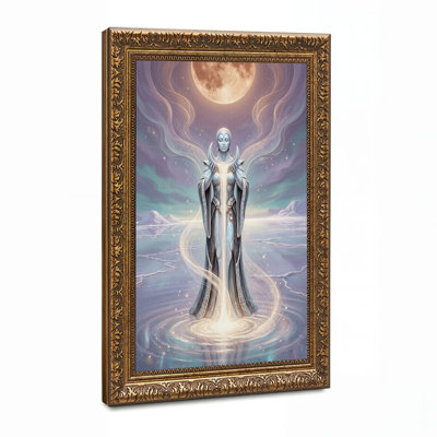 Silver Robed Figure Holding Glowing Light Under Full Moon Canvas Wall Art