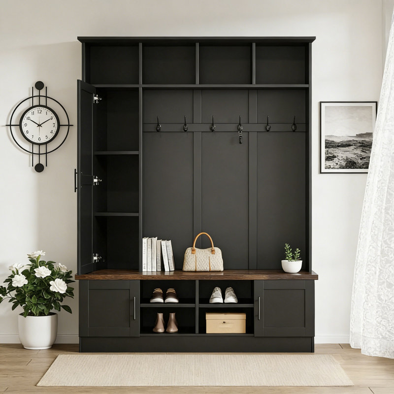 Versatile 3-In-1 Hall Tree With 6 Hooks, Farmhouse Walnut Storage Bench, 55"W Entryway Coat Rack With Multiple Storage Space For Mudroom, Hallway