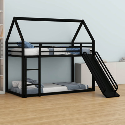 Twin Over Twin With Slide And Ladder, Metal Floor Bunk Bed Frame With Full-Length Safety Guardrail