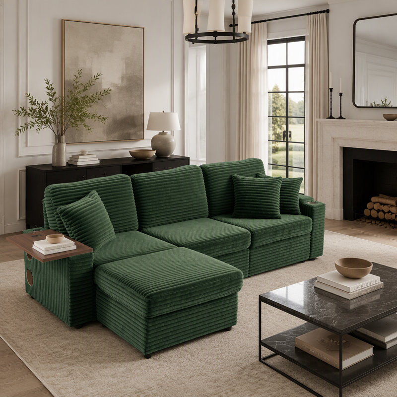 Oversized Modular Sectional Couch with USB Cup Holders Storage and Bluetooth Speaker, Green Corduroy