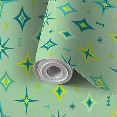 Peel and Stick Wallpaper Contact Paper Retro Starburst Green Teal Geometric Shapes Self Adhesive and Removable 24in x 118in(60x300cm)
