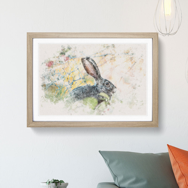 Hare in the Bushes - Framed Print, 62cm H x 87cm W x 2cm D, Oak Framed