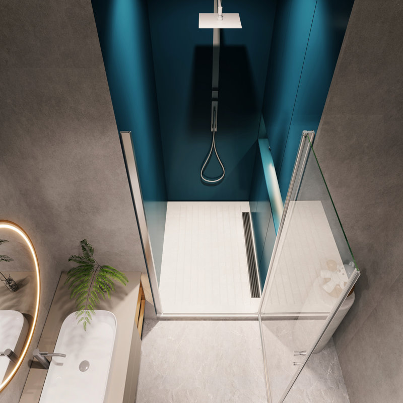3/8" Adjustable, Outside - Opening Universal Pivot Shower Door With 1/4" Tempered Clear Glass Finish 3072, Wall Channel, #304 Stainless Steel Handle, 36000 Times Open Close Test, Good System,