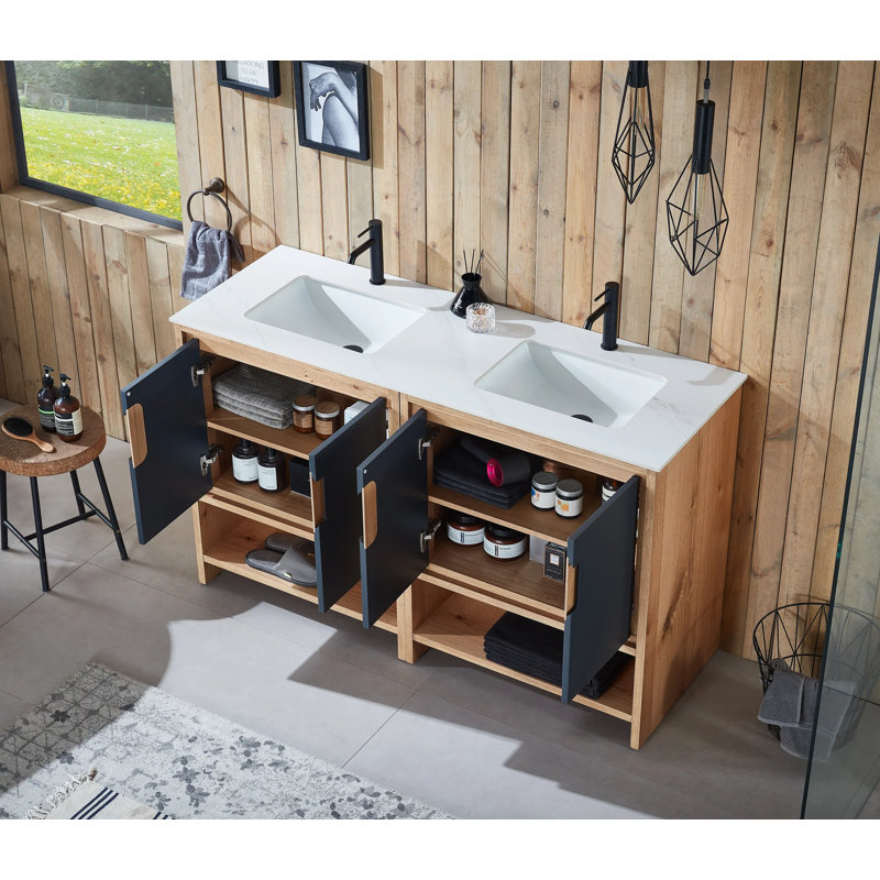 Tomesia 60" Veneer Plywood Bathroom Vanity with Engineered Stone Top, Black of Night/Maple, White