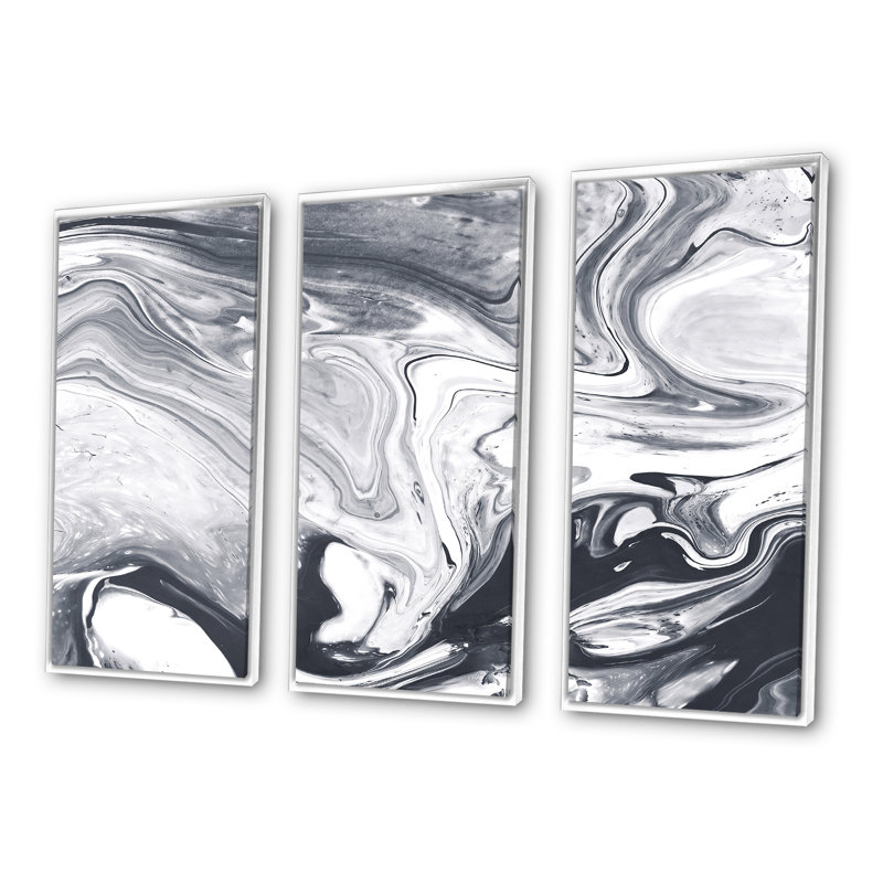 Art liquide noir et blanc - ensemble d'art moderne sur toile encadrée moderne de 3, Cadre blanc, H 32 po x l 48 po x P 1 po