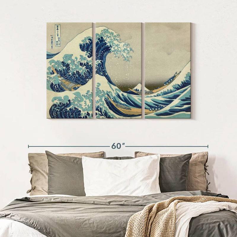 «The Great Wave Off Kanagawa», 3 pièces sur toile, H 32 po x l 50 po x P 1,25 po