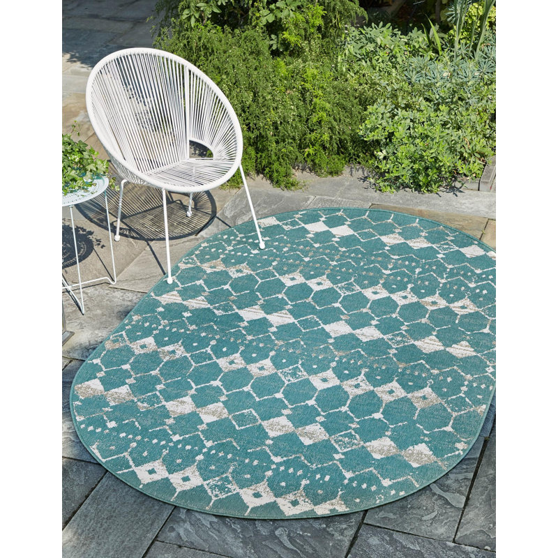 Tapis bleu sarcelle Southwestern, Ovale 5 pi 3 po x 8 pi