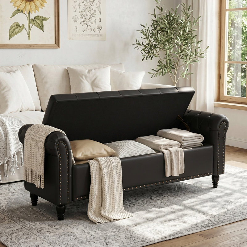 Banc de chambre à coucher avec rangement, Noir, noir, noir, noir, H 22 po x l 65,4 po x P 20 po