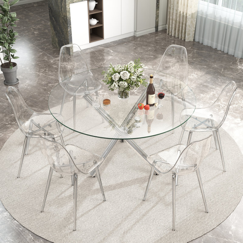 Ensemble de salle à manger en verre, Argent, H 29,5 po x L 47,2 po x l 47,2 po, 7