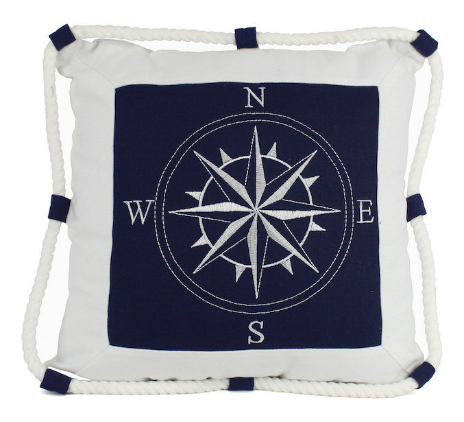 Compass With Nautical Rope Pillow Cover, Blue