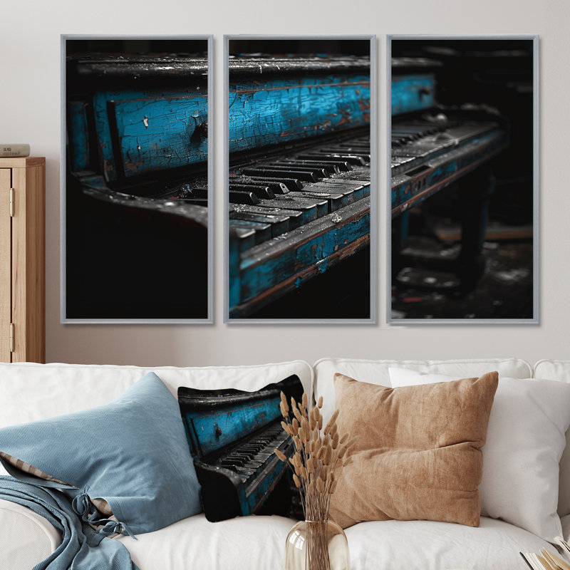 Bleu, noir, piano rétro, musique, ensemble d'art mural, Toile argentée avec cadre flottant, H 40 po x l 60 po x P 1 po