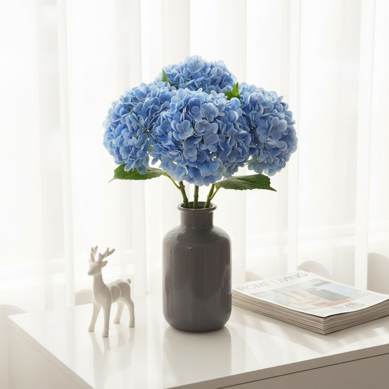 Ensemble de 4 fleurs artificielles d'hortensia - 17,71 po de hauteur avec de véritables tiges d'hortensia pour décoration intérieure, centres de mariage et arrangements floraux