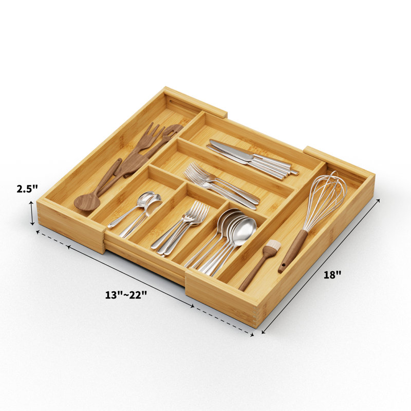 Kitchen Utensil Silverware Drawer Organizer - Bamboo Flatware Cutlery Tray With 5 Compartment And 2 Expandable Dividers For ALL SIZE Forks Knives And Spoons