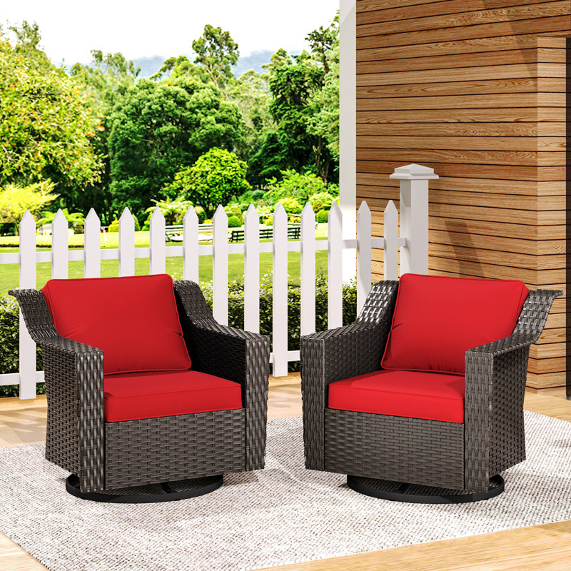 2-Piece PE Wicker Outdoor Lounge Swivel Chair with 4" Thick Red Cushions, Red